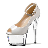 Zapatos de Tacón Ultra Alto Negros con Hebilla de Boca de Pez de 17 cm para Pasarela, Modelo T-stage, para Pole Dance, Tacones Altos Grandes para Mujer