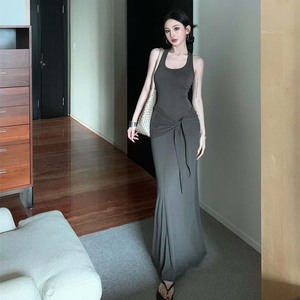 Vestido largo de verano para mujer con cinturón, cuello redondo, tirantes finos, color liso, abertura, transpirable, talla grande, cola capilla, estilo japonés - Product Image 1