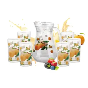 Set di caraffa per succo di acqua potabile in vetro a buon mercato set di brocca in vetro da 7 pezzi set di fiori con stampa di decalcomanie personalizzate set di acqua in vetro