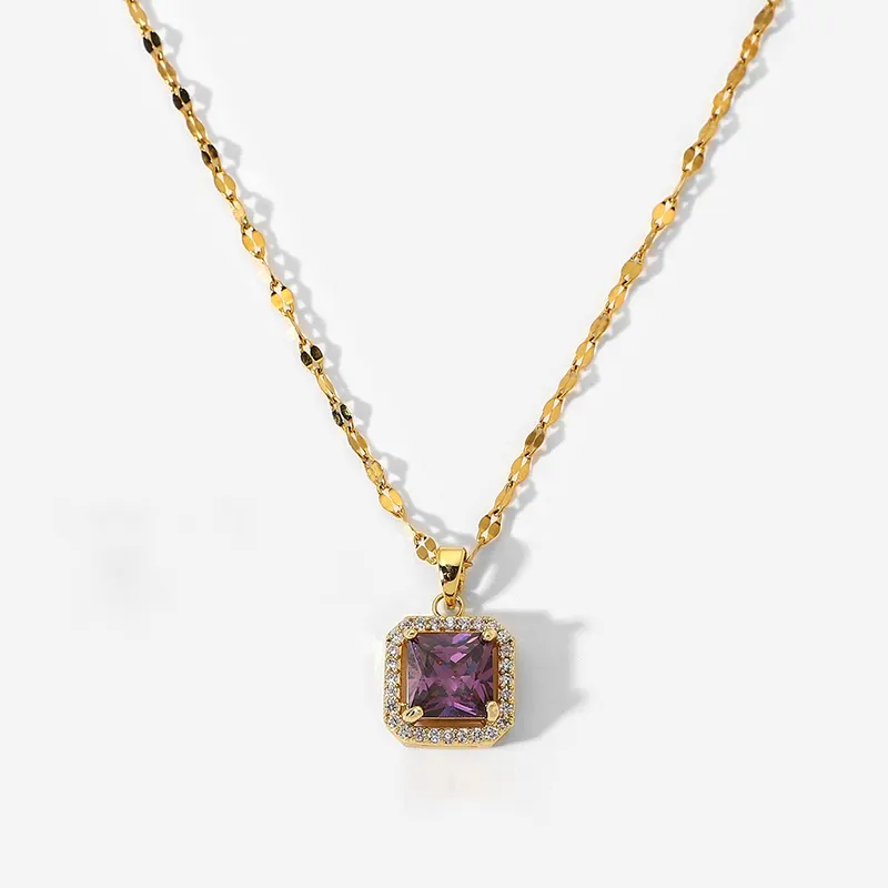 New Purple Zircon Square Pendant Necklace Jewelry 18K Gold Plated Stainless Steel Necklace