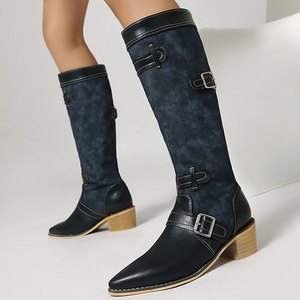 Big Size 47 Low Chunky Heels Belt Metal Buckles Shoes Women Pointed Toe Cowboy Knee High <b>Boots</b> on Wide Fit Long Booties - Product Image 1