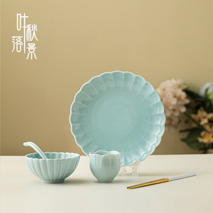 Ensemble de bols et d'assiettes en céramique gaufrée, forme de fleur, bleu clair, vaisselle de table pour usage quotidien - Product Image 4
