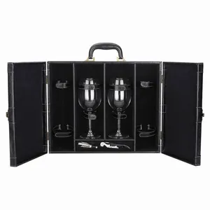 Caja de vino personalizada de cuero PU, 2 botellas con taza, color negro