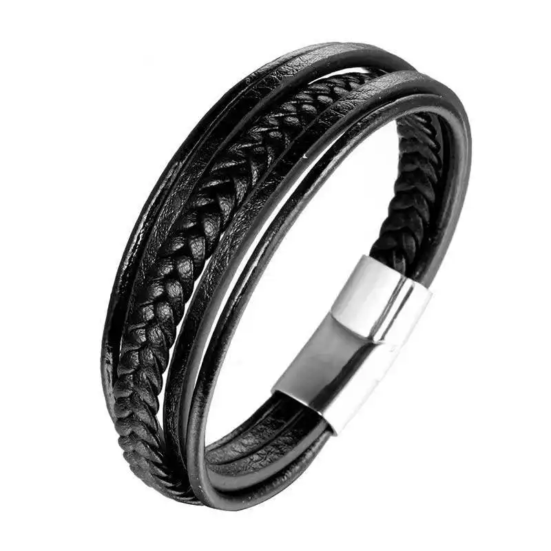 Custom logo cool 316 stainless steel magnetic clasp multi strand layer black leather bracelets for men