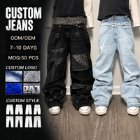 Jeans pour hommes OEM, effet usé, patchwork, vintage, délavé, style Y2K, streetwear, denim, pantalon baggy à double taille