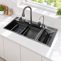Évier de cuisine multifonctionnel en acier inoxydable 304 noir nano avec cascade intelligente et robinet baleine