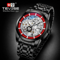 Montre mécanique automatique squelette pour homme TEVISE personnalisée, mouvement en acier inoxydable, bracelet en acier inoxydable, étanche 3BAR