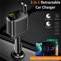Chargeur de voiture rétractable 5 en 1, chargeur rapide pour téléphone de voiture 65W, adaptateur de chargeur de voiture Type C avec 2 câbles, USB et double ports USB C