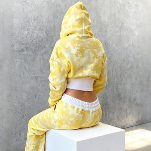 Custom Heavyweight 420 Gsm Cotton Fleece Applique Embroidery Sporty Cropped Zip up Camo Hoodie Sweatpants <b>Set</b> - Product Image 3