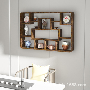 Solid Wood Chinese Style <b>Wall</b> Mounted Display <b>Shelf</b> Geometric Irregular Shape For Living Room Tea Room <b>Storage</b> Cabinet - Product Image 3