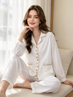 Vêtements de détente confortables pour femmes en coton doux 100% - Tricoté, brodé, haut de gamme, manches longues, taille élastique - Collection Printemps/Automne