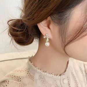 S925 <b>Silver</b> DIY <b>Pearl</b> Accessories 8-13mm Round <b>Earrings</b> with 20990 Empty Tray Bow <b>Silver</b> Jewelry Fashion Dangle Dangle <b>Earrings</b> - Product Image 2