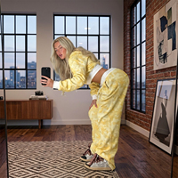 Setelan Wanita Y2K Kuning Kamuflase Dua Potong Streetwear Hoodie Crop Beritsleting dan Celana Panjang Lebar Tracksuit