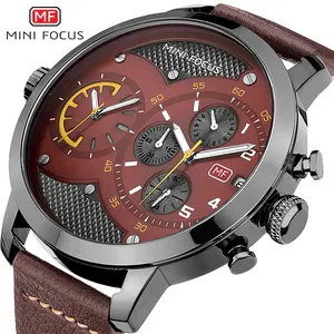 MINI FOCUS MF0030G นาฬิกาข้อมือแฟชั่นควอตซ์สำหรับผู้ชาย,นาฬิกาข้อมือหรูแบบ Dual Time Zone Oversize หนังกันน้ำ