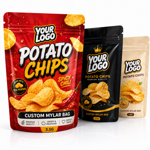 Sachet Mylar personnalisé imprimé pour chips de pommes de terre 3,5g, lot de trois sachets avec fermeture éclair, emballage stand-up pour snacks épicés - Product Image 1