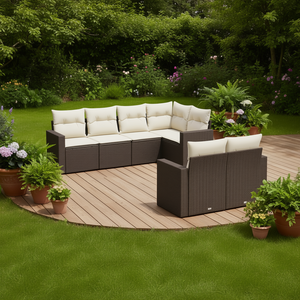 Conjunto de sofá de jardín de ratán blanco crema y marrón con cojines, 6 plazas, muebles de exterior, diseño contemporáneo - Product Image 2
