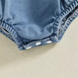 1 Pcs Private Label Recém-nascido Infantil Bebê Menina Denim Roupas Praça Pescoço Bow Strap Frente Macacão Sem Mangas Do Bebê Meninas Romper - Product Image 5