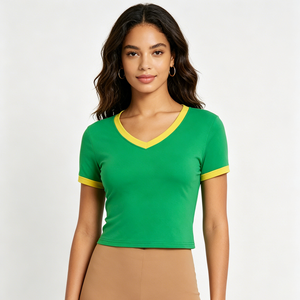 <span class=keywords><strong>T</strong></span>-<span class=keywords><strong>shirt</strong></span> court sexy personnalisé de haute qualité à <span class=keywords><strong>col</strong></span> en <span class=keywords><strong>V</strong></span>, <span class=keywords><strong>manches</strong></span> courtes contrastantes, coupe ajustée, style Ringer, pour <span class=keywords><strong>femme</strong></span>, uni - Product Image 1