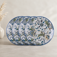 Assiettes à dîner en céramique imprimée florale Lot de 4 assiettes modernes en grès bleu Vaisselle élégante pour la maison et le restaurant