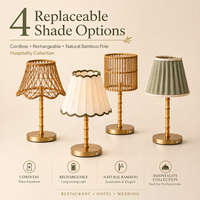 Lampe de table sans fil rechargeable en rotin de bambou pour l'hôtellerie, avec 4 options de abat-jour simples et interchangeables pour restaurant, hôtel, mariage