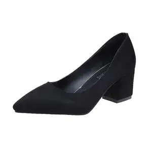 Wholesale Comfortable Elegant Black Suede Pumps Heels Office Shoes With Low Heels Black Shoes Pointed Toe Heels For Office Shoes