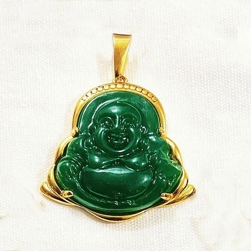 Hot Sale 18 Karat vergoldet Smaragd Jade Lachen Buddha Halskette Anhänger Grün Jade Buddha Edelstahl Anhänger für Halskette