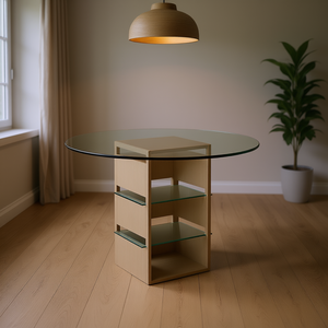 Table à manger ronde moderne en verre de 120 cm avec plateau en verre et base en bois et étagères en verre - Product Image 3