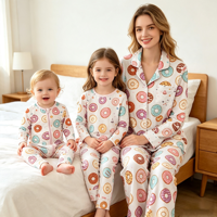 Weicher Bambus Donut-Print Familien-Pyjama-Set mit Reißverschluss und Knöpfen für Mama, Kinder und Baby Loungewear Schlafanzug Outfit