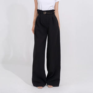 Mid-waisted Straight Pants for <b>Women</b> Summer Eco-Friendly Breathable Spandex/Cotton <b>Pleated</b> Front Full Length Casual <b>Trousers</b> - Product Image 2