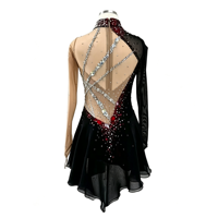 Robe de patinage artistique noire et rouge avec strass, manches longues en maille, col montant, costume de compétition pour adultes et enfants, tenue de performance