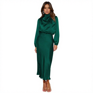 Abito Midi Estivo Vintage <span class=keywords><strong>in</strong></span> <span class=keywords><strong>Raso</strong></span> Intrecciato per Donna, <span class=keywords><strong>Vestito</strong></span> Casual da Ufficio Traspirante con <span class=keywords><strong>Maniche</strong></span> <span class=keywords><strong>Lunghe</strong></span> e Bottoni Frontali - Product Image 3