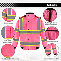 Veste de sécurité réfléchissante rose chaude d'hiver en tissu Oxford Poignets et ourlet élastiques Veste de sécurité haute visibilité flexible avec capuche amovible