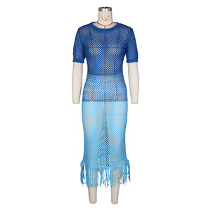 Vestido Largo de Verano para Mujer, Manga Corta, Tejido con Flecos, Transparente, Elástico, Cintura Elástica, Spandex/Poliéster, Novedad 2024 - Product Image 4