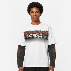 BRANDNAME STUDIOS Camiseta de manga corta oversize para hombre con ribete en contraste y estampado gráfico de llamas estilo urbano - Product Image 1