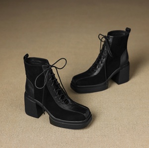 Chaussures en cuir pour femmes, à semelle épaisse, en cuir de vache et peau de mouton, style business casual, respirantes et imperméables. Bottines western - Product Image 1