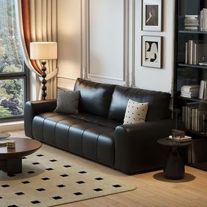 Black Leather <b>Sofa</b> Straight Shape Tufted Design For Living Room Home Use - Product Image 2