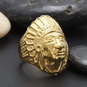 Men Stainless steel Ring Hip hop Punk Style Gold Ancient Maya Tribal Indian Chief Rings Fashion Metal Jewelry Size 7-12