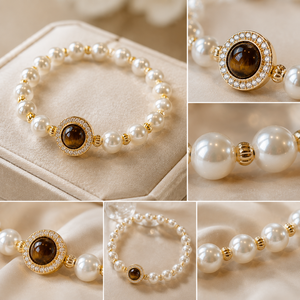 925 Sterling Silver Pearl and Tiger Eye Stone <b>Bracelet</b> for Women High End <b>Bracelet</b> with a Stylish and Elegant Design - Product Image 2