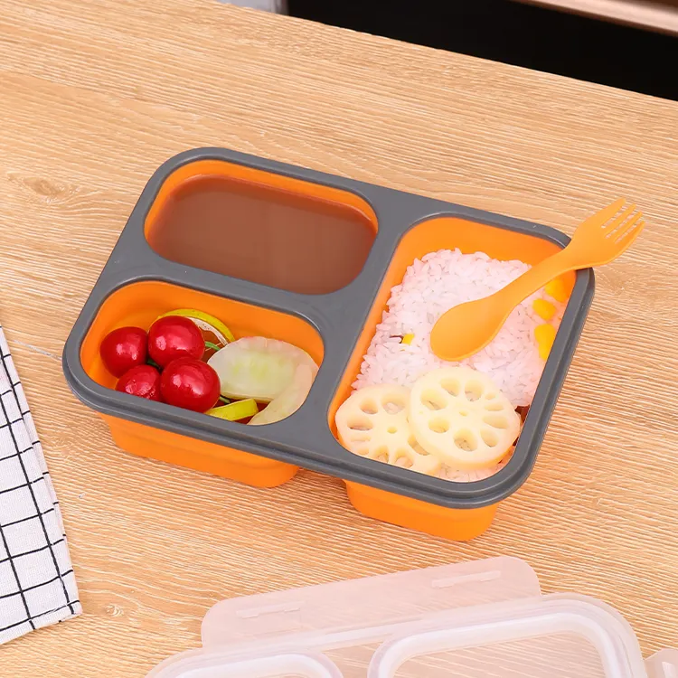 New arrival BPA Free 3 Compartments Collapsible Microwave Food storage   Containers Foldable Silicone bento Lunch Boxes for kids
