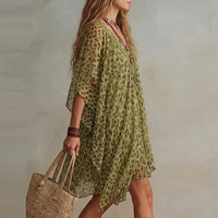 Robes mini à manches chauve-souris, demi-manches, asymétriques, couleur contrastée, avec volants léopard, transparentes, col en V profond