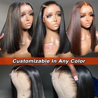 Wig rambut manusia Vietnam lurus alami, warna ombre cokelat, bob pendek, double drawn, tanpa lem, lace front closure, untuk wanita kulit hitam