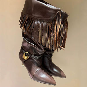 Stivaletti pieghettati Turn Over a pieghe tacchi <span class=keywords><strong>bassi</strong></span> da donna con frange di nappa scarpe stile retrò punta in Suede a punta stivaletti corti - Product Image 6