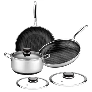 Batterie de cuisine antiadhésive de luxe 3 plis fond double face kit de casseroles et poêles en nid d'abeille pour hôtels