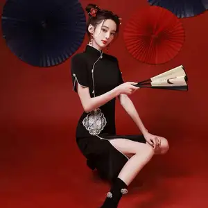 2024新夏季中国-时尚旗袍年轻女孩改进黑色短中国女装老上海复古现代
