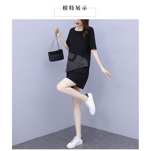 Women's Casual Two Piece Set Black Plaid Short Sleeve Knitted Breathable Shorts Suit JN-8632 - Product Image 2