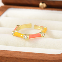 JS21 Vergulde bamboe-gewrichten emaille ring met gekleurde strass steentjes, verstelbaar, open, damesmode ring