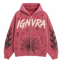 Sweat-shirt à capuche zippé pour homme, délavé à l'acide rouge, avec lettres brodées, motif toile d'araignée, manches effet flamme, trous usés, imprimé étoiles, coupe oversize, style streetwear