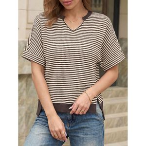 Womens Short Sleeve Striped Pullover <b>Top</b> V Neck Loose Cropped Knit Sweater Summer Casual <b>High</b> <b>Low</b> Hem T Shirt - Product Image 3