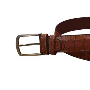 Genuine Leather Men's <b>Belt</b> Brown Crocodile Pattern <b>Silver</b> Rectangular Pin <b>Buckle</b> Formal Style Durable One-Piece Molding - Product Image 2