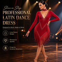 Robe de danse latine rouge pour femmes, manches longues, paillettes, franges, costume de scène, robe de danse de salon, salsa, rumba, avec strass